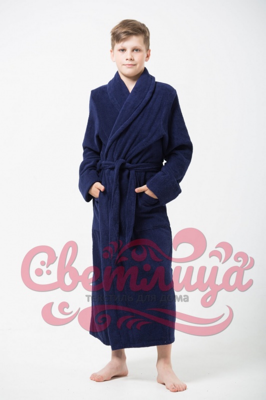 Подростковый классический махровый халат с шалькой (Темно-синий)